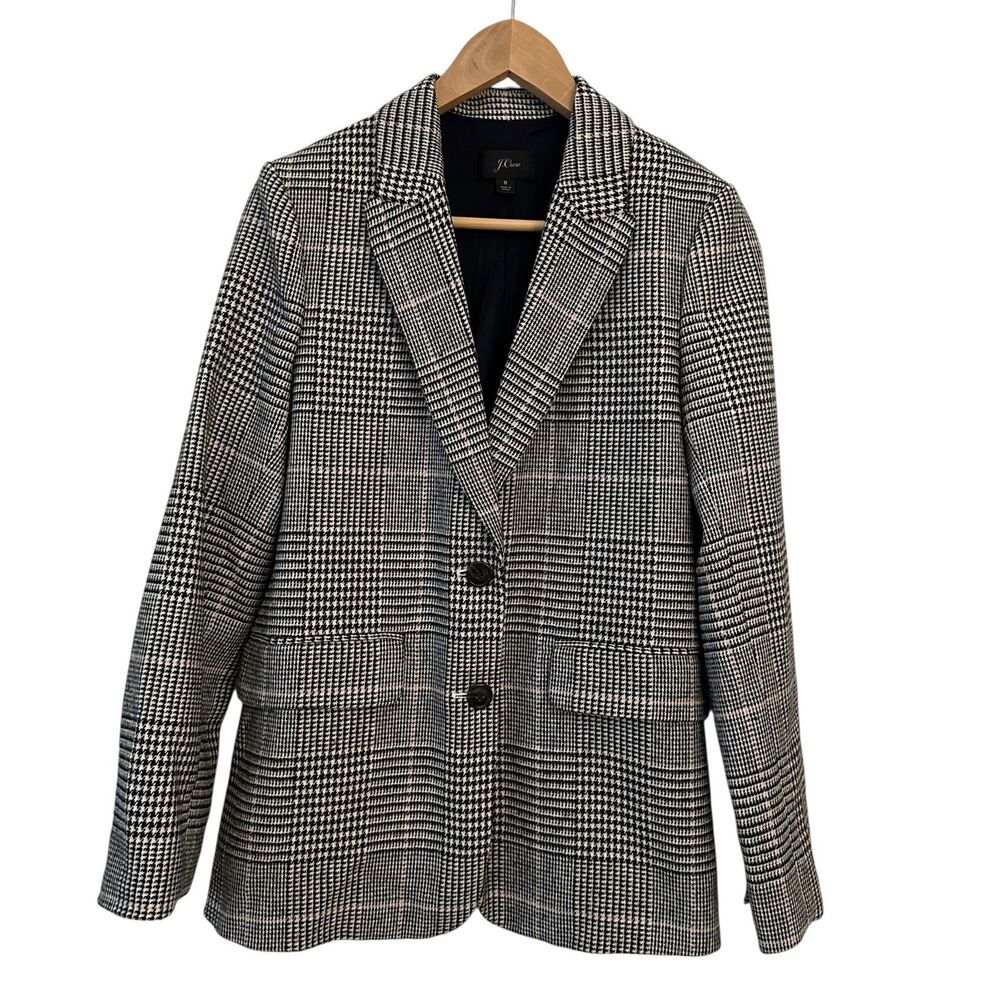J. Crew Black, White + Pink Plaid Acrylic 2‎ Button Preppy Lined Blazer Size 8